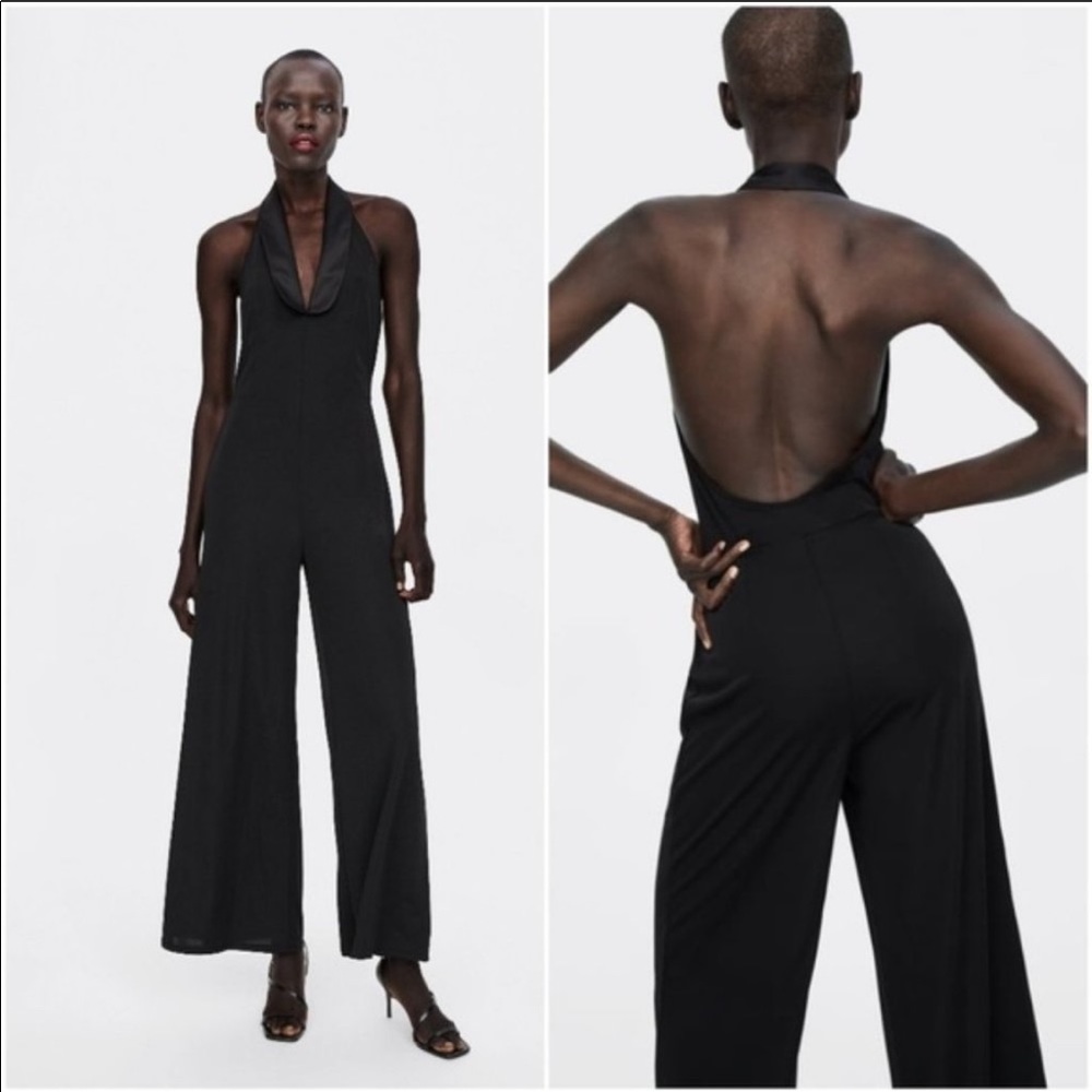 Zara black tuxedo jumpsuit, halter top satin lapel